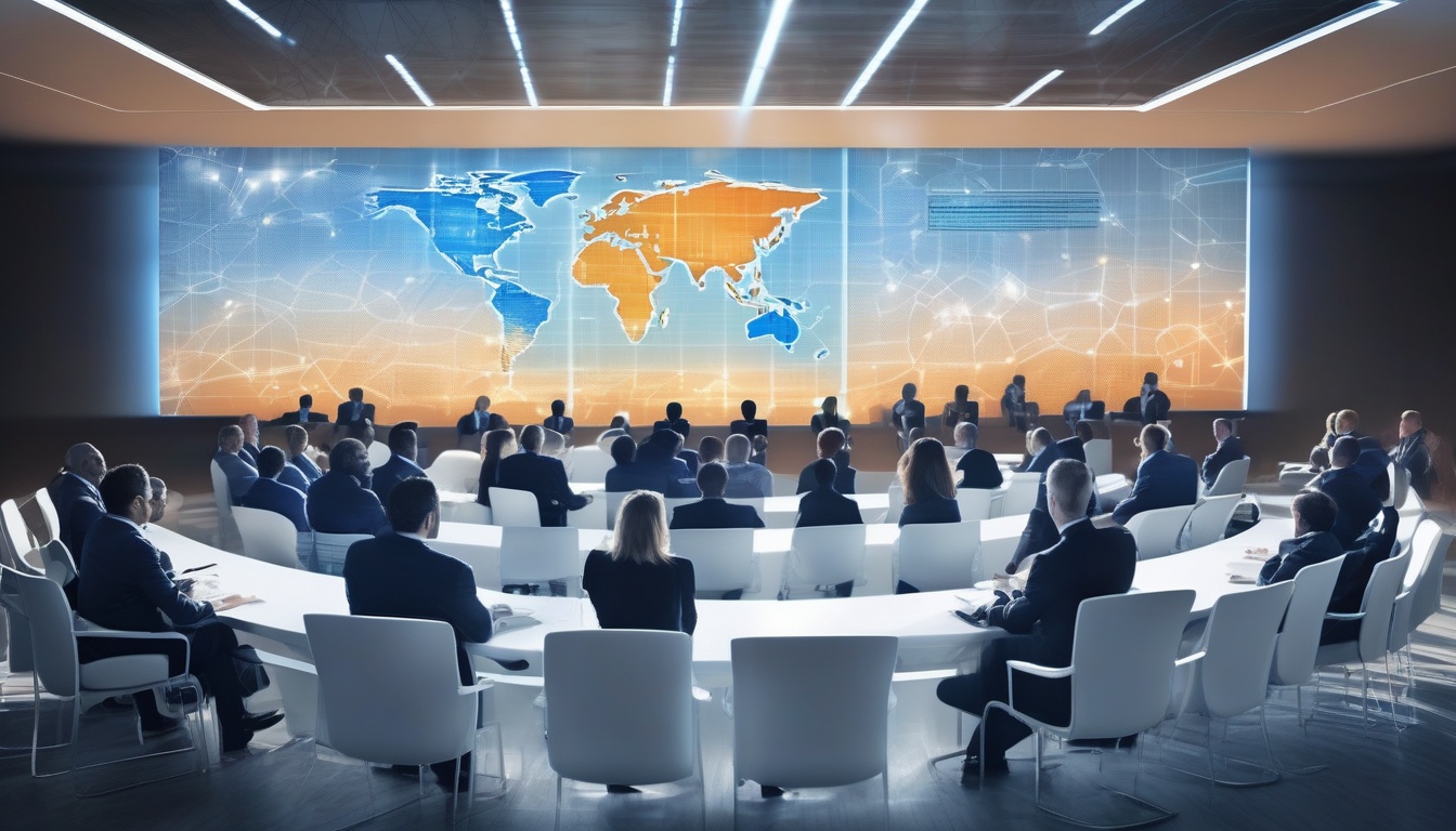 世界地図を映すスクリーンの前で行われる国際エネルギー会議